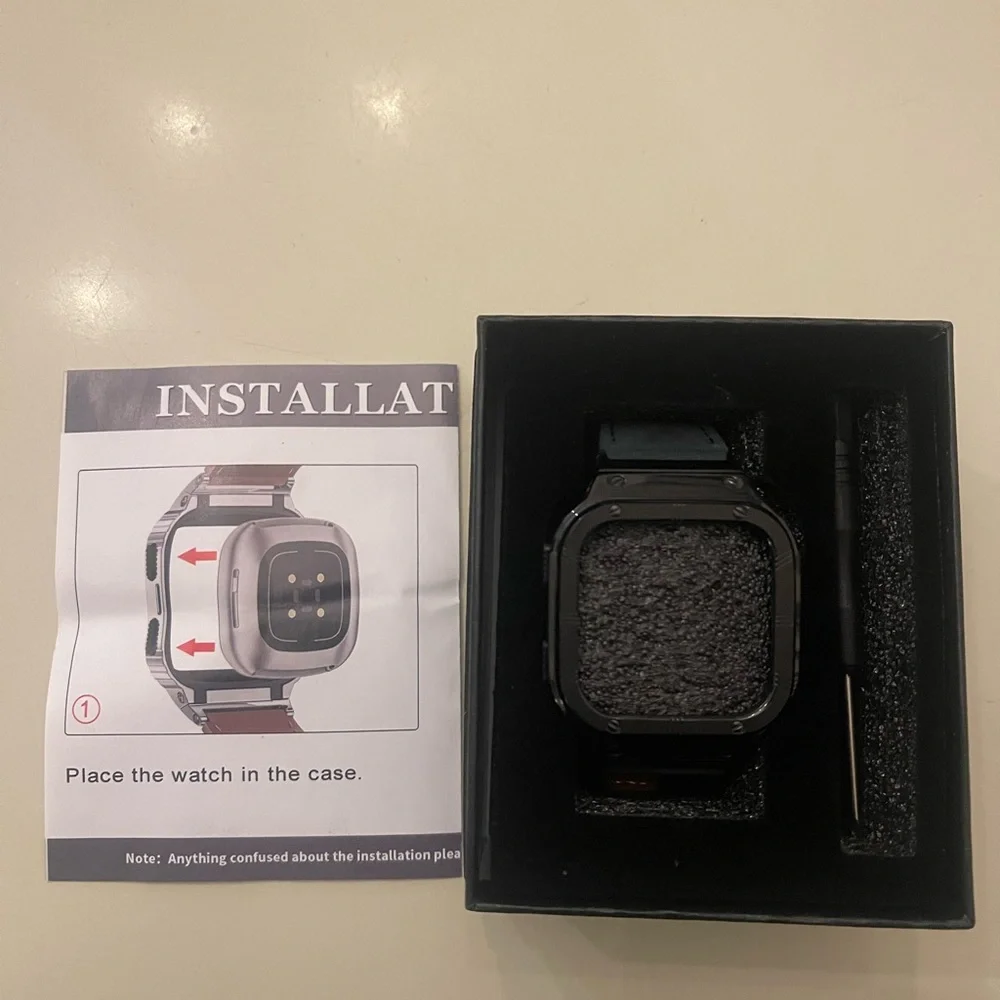 Leather Bands with Stainless Steel Case for Fitbit Versa 1 2 3 4 Lite Sense 2